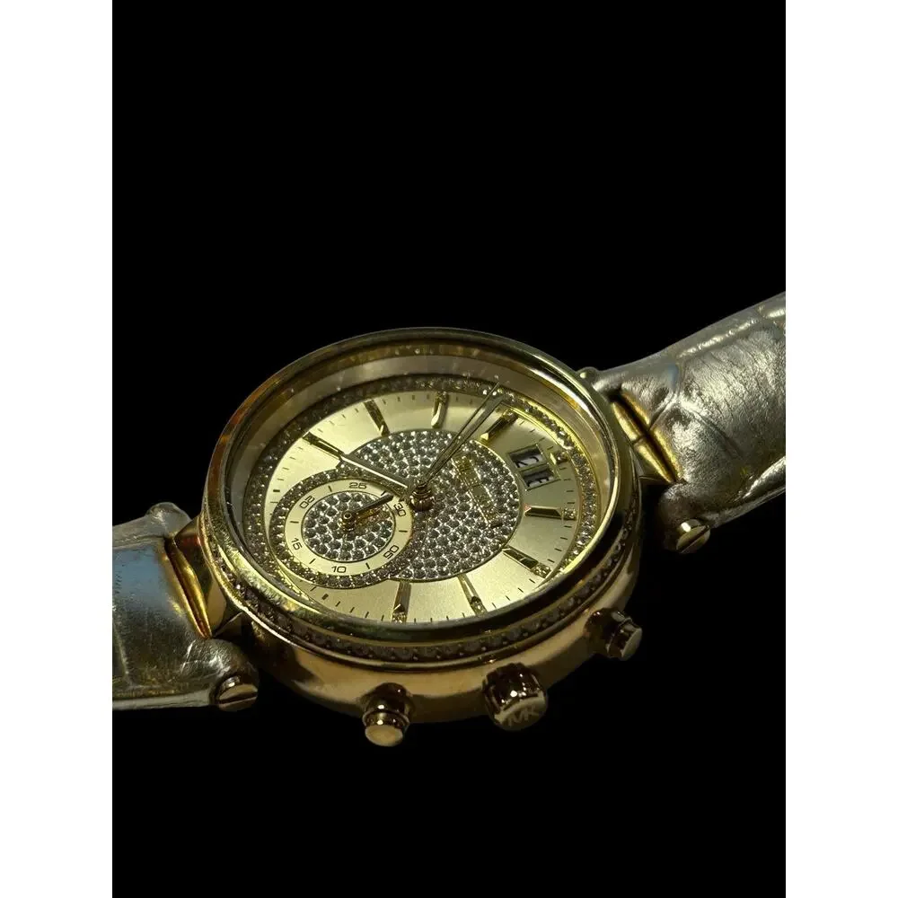 Michael Kors MK2444 Sawyer Champagne Dial Gold Leather Strap Chrono Women Watch